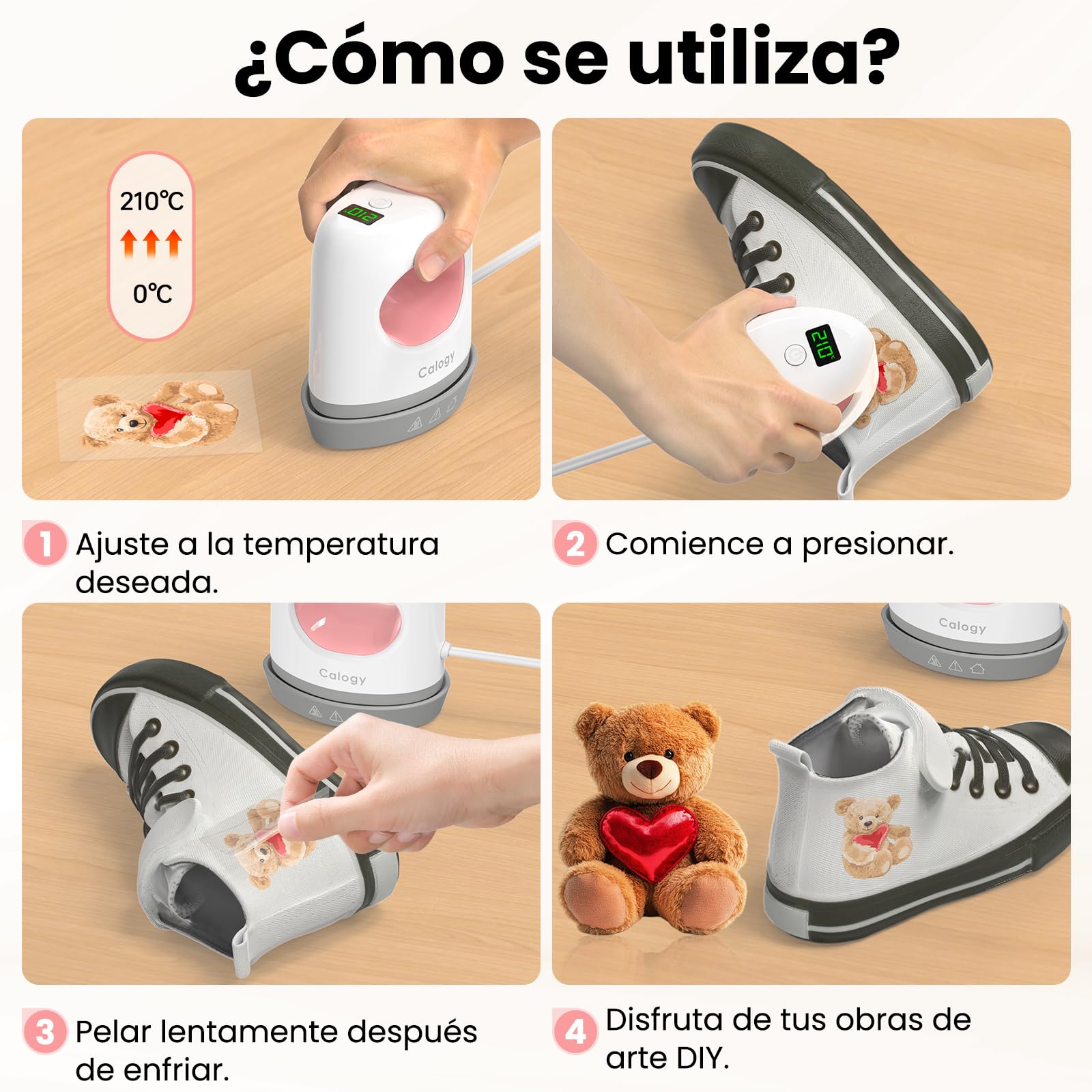 Calogy Prensa térmica Super Mini, 4 ajustes de temperatura máximo 210 °C, pantalla LED, 15 mins apagado automático, mini plancha de precisión para zapatos, gorras, posavasos y parches (Blanco Rosa)