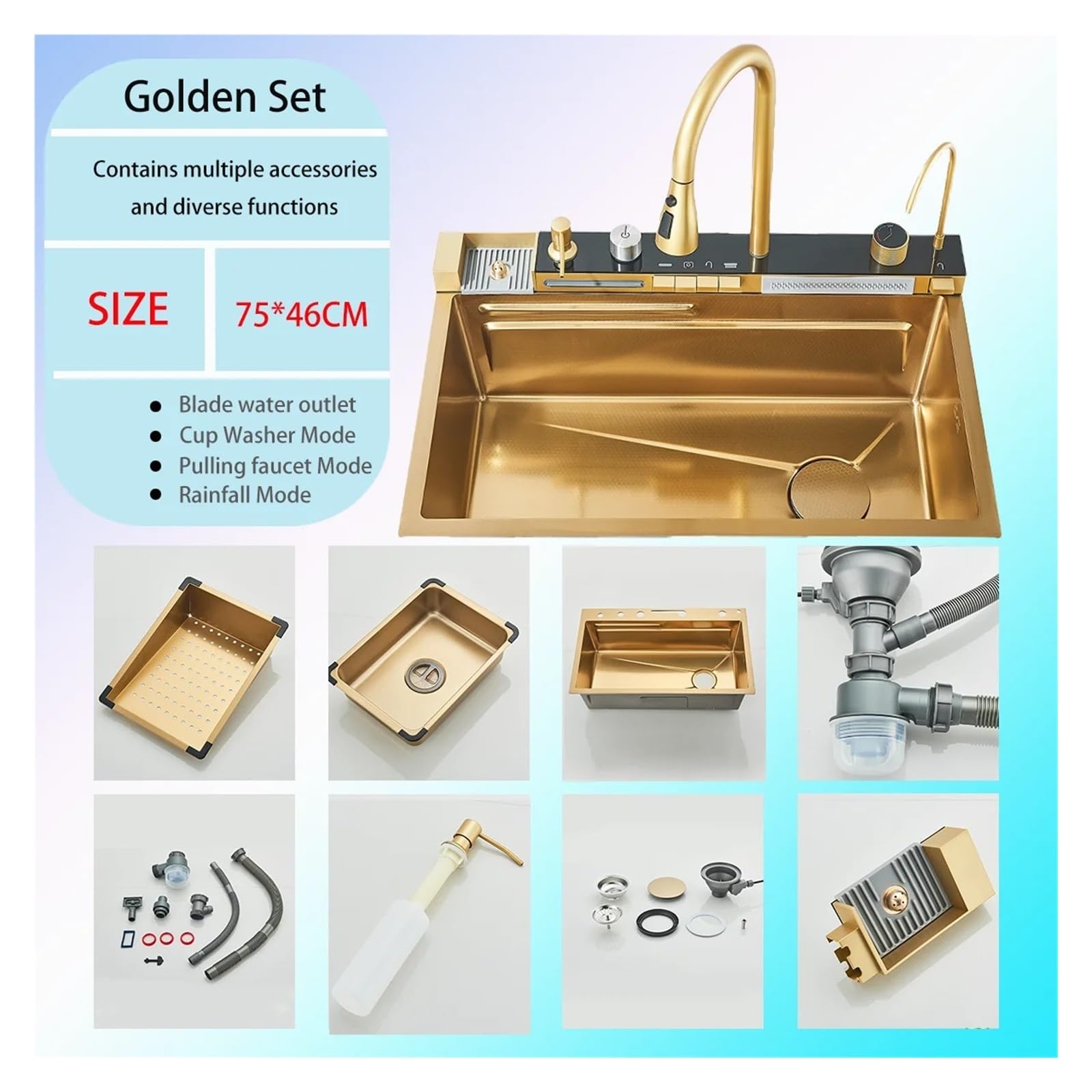 Juego De Grifería Con Pantalla Digital Integrada, Botón Ranura Única, Cocina Moderna, Estilo Cascada, Acero Inoxidable 304, Oro Pulido FáCil De Limpiar Y Mantener