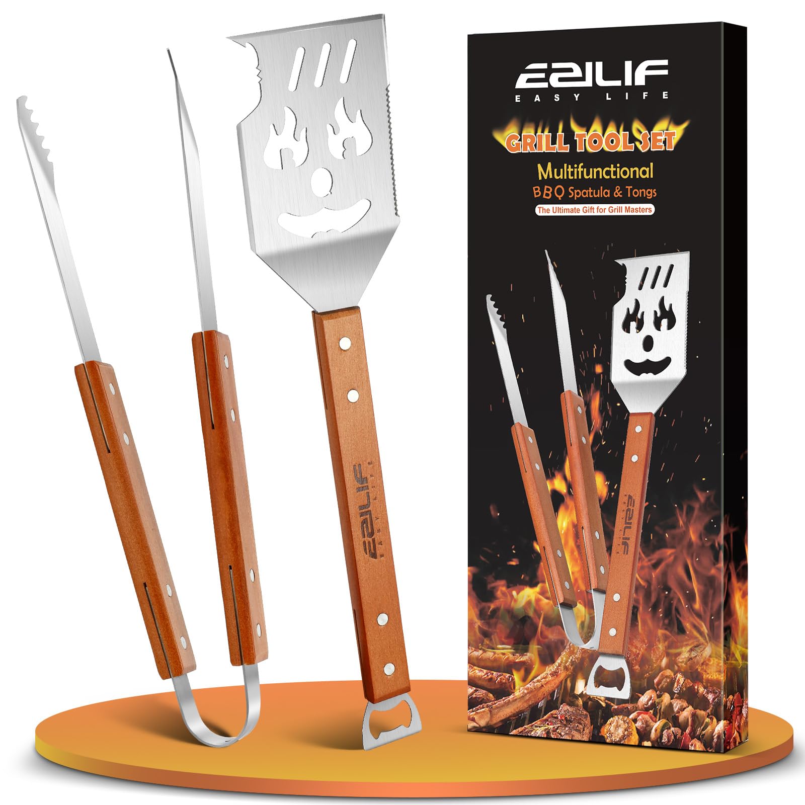 Ezilif 7 in 1 Multifunction BBQ Tools, Stainless Steel Grill Spatula and Tongs with Bottle Opener and Heat Resistant Wood Handle, Ideal BBQ Accessories Gifts for Men Dad Husband Father's Day Birthday