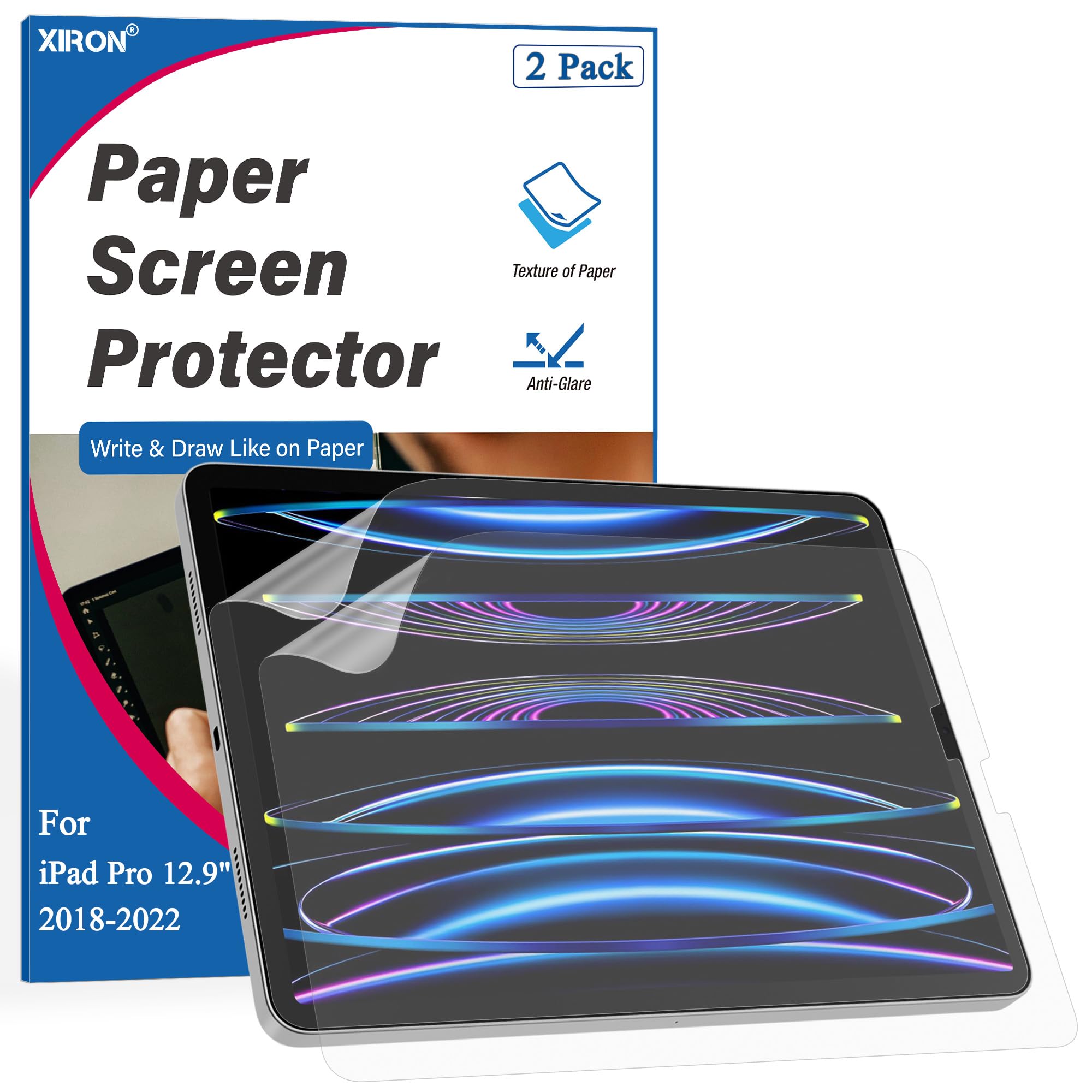 XIRON 2 Stück Papier Schutzfolie für iPad Pro 12.9 Zoll (6./5./4./3. Generation), Paper-Feel Displayschutz zum Zeichnen und Schreiben, Matte Papierfolie für Apple Pencil, Blendfrei/Anti Fingerabdruck