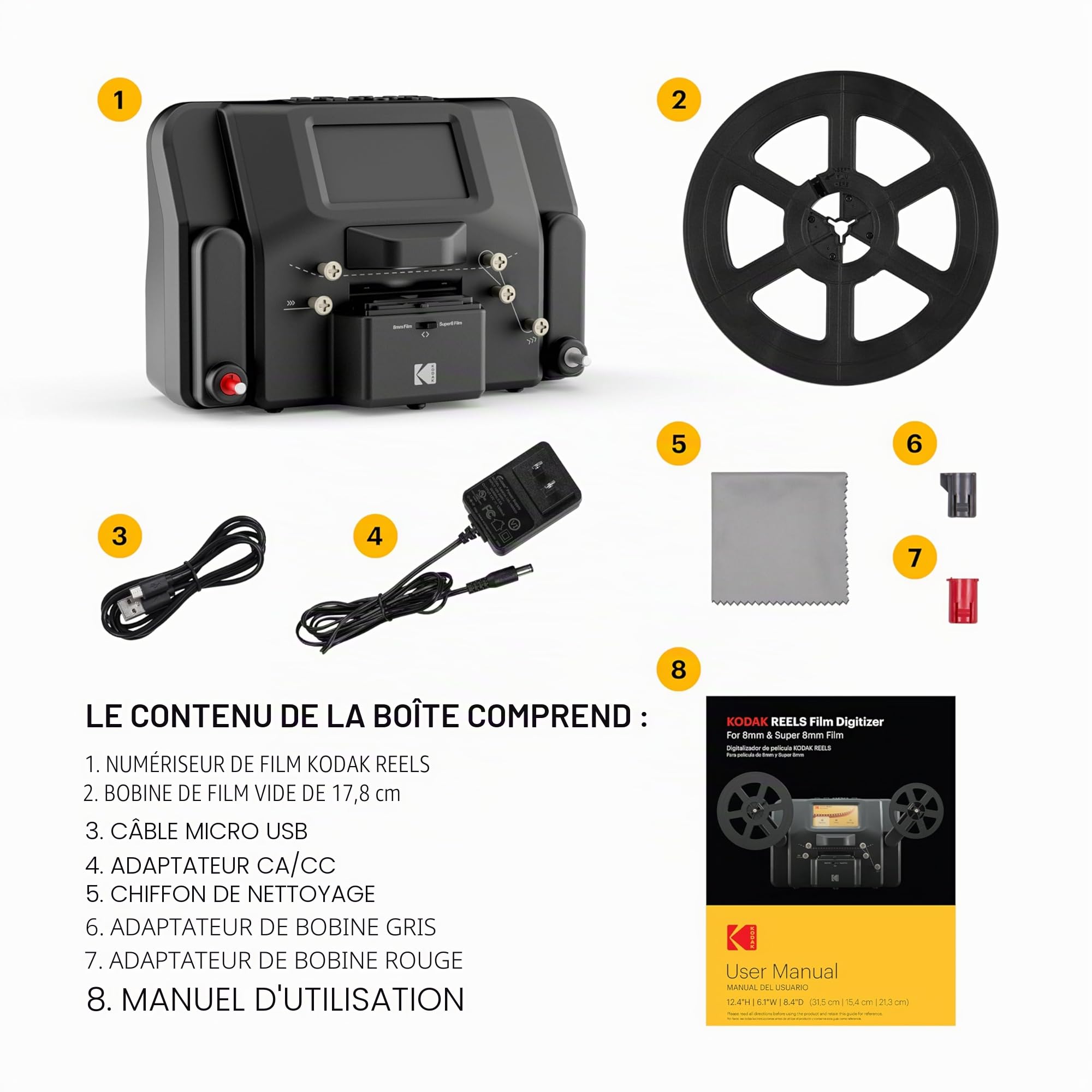 Kodak REELS Convertisseur de numériseur de Film 8 mm et Super 8 avec Grand écran de 5", Le Scanner Convertit Le Film Image en Image en fichiers numériques MP4 pour Regarder
