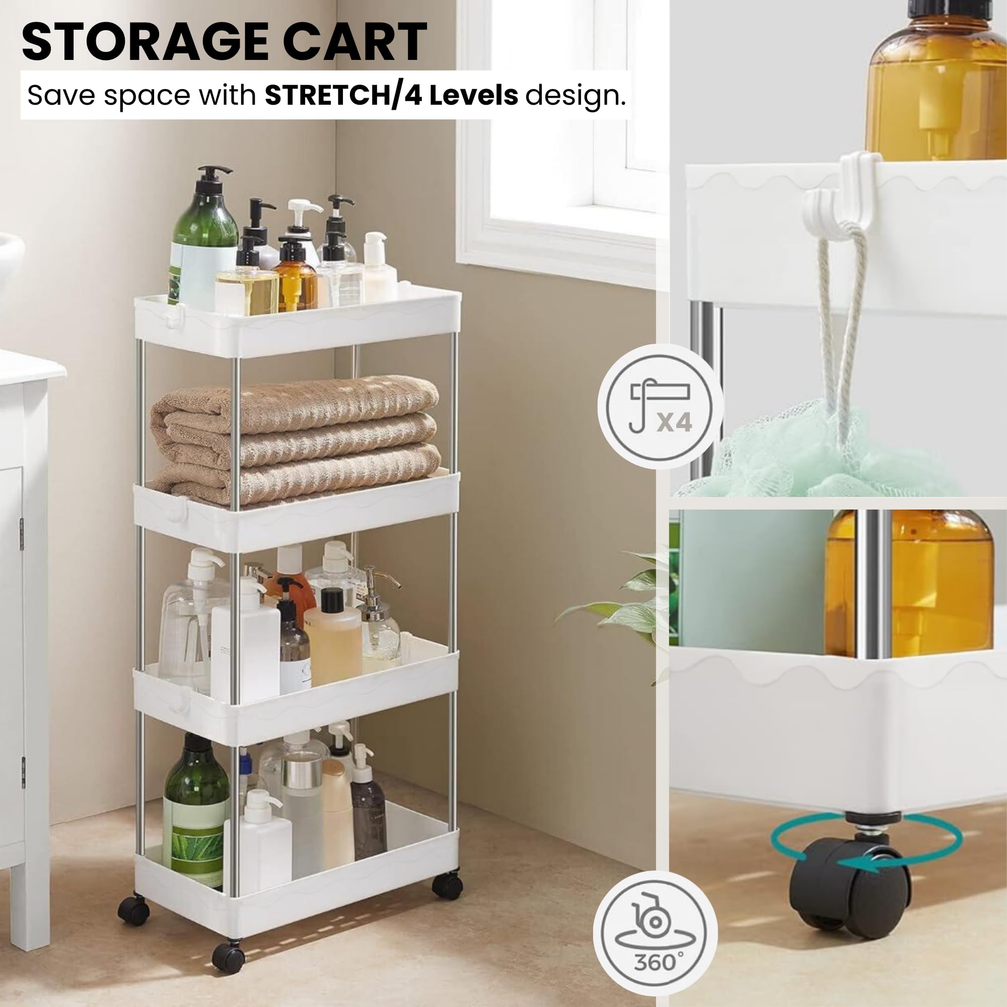 Carrello Portaoggetti da Cucina, Carrello Portaoggetti con Rotelle, Bagno, Facile da Spostare, Ganci Rimovibili, Divisibile, Riporre gli Oggetti Per Cucina o Ufficio. (4 livelli / 86 x 40 x 20 cm)