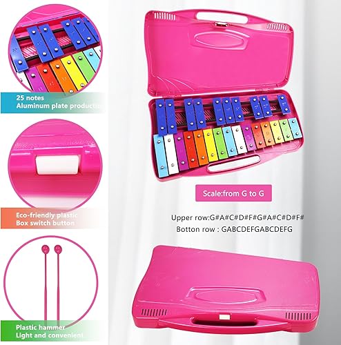 Miniatura 25 de Soulmate Xilófono, instrumento de xilófono Glockenspiel de 25 notas para niños, juguete musical de metal, instrumento de percusión profesional