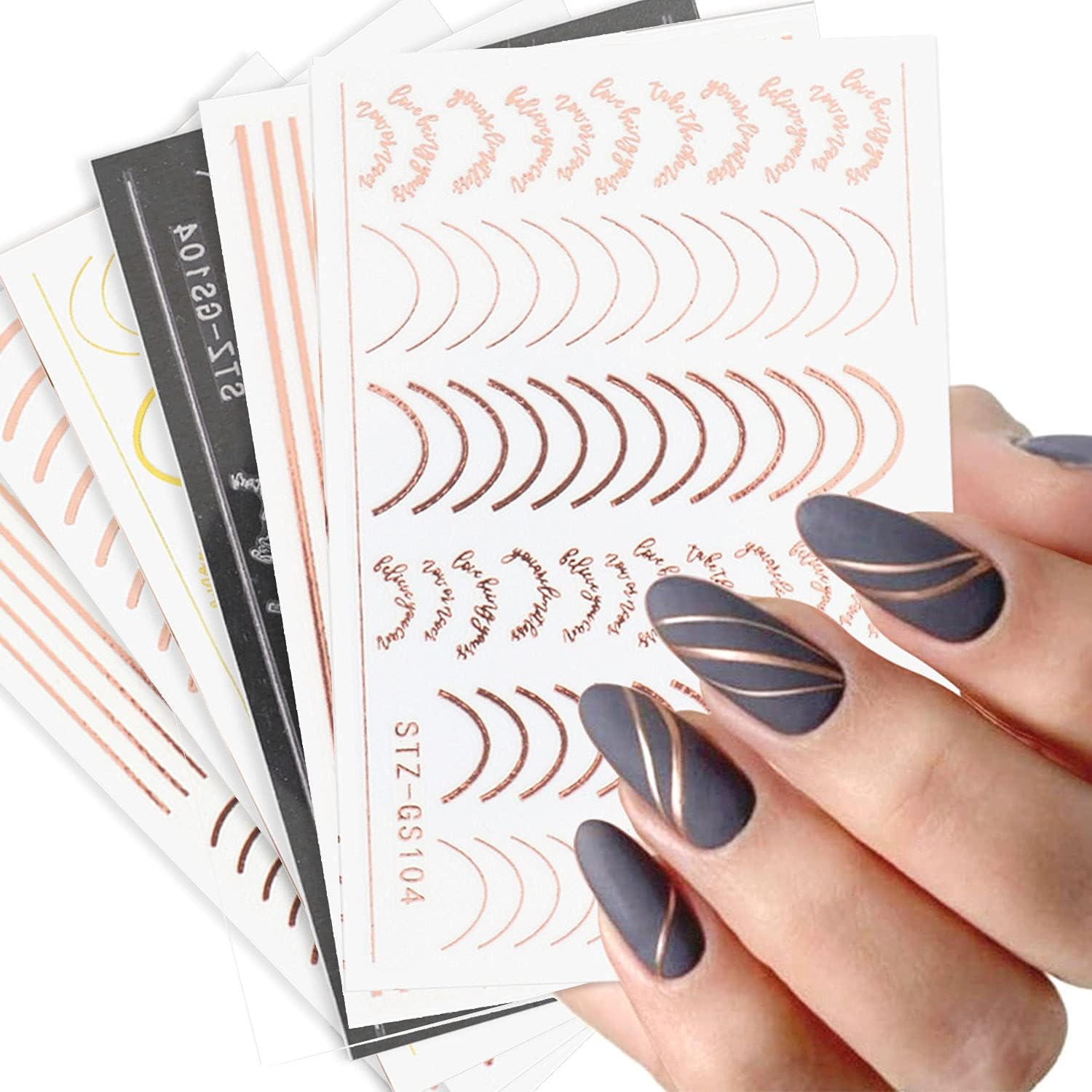 Line Nail Art Stickers Decals Metal Line Nail Supply Rose Gold 3D Self-Adhesive Nail Decals Metal Curve Stripe Lines Design Letter Nail Sticker Adhesive Decoration Foil Accessory (multicolor-6 Sheets)