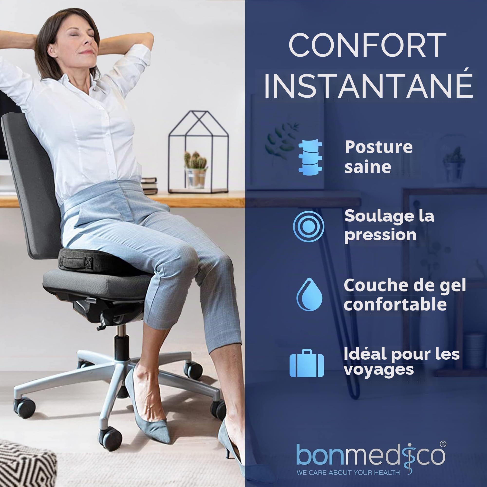 Coussin Ergonomique Assise et Coccyx en Mémoire de Forme - Coussin Orthopédique pour Chaise Bureau, Fauteuil et Voiture Conducteur - Soulage Sciatique et Lombaire - Coussin de Chaise – Noir, Standard