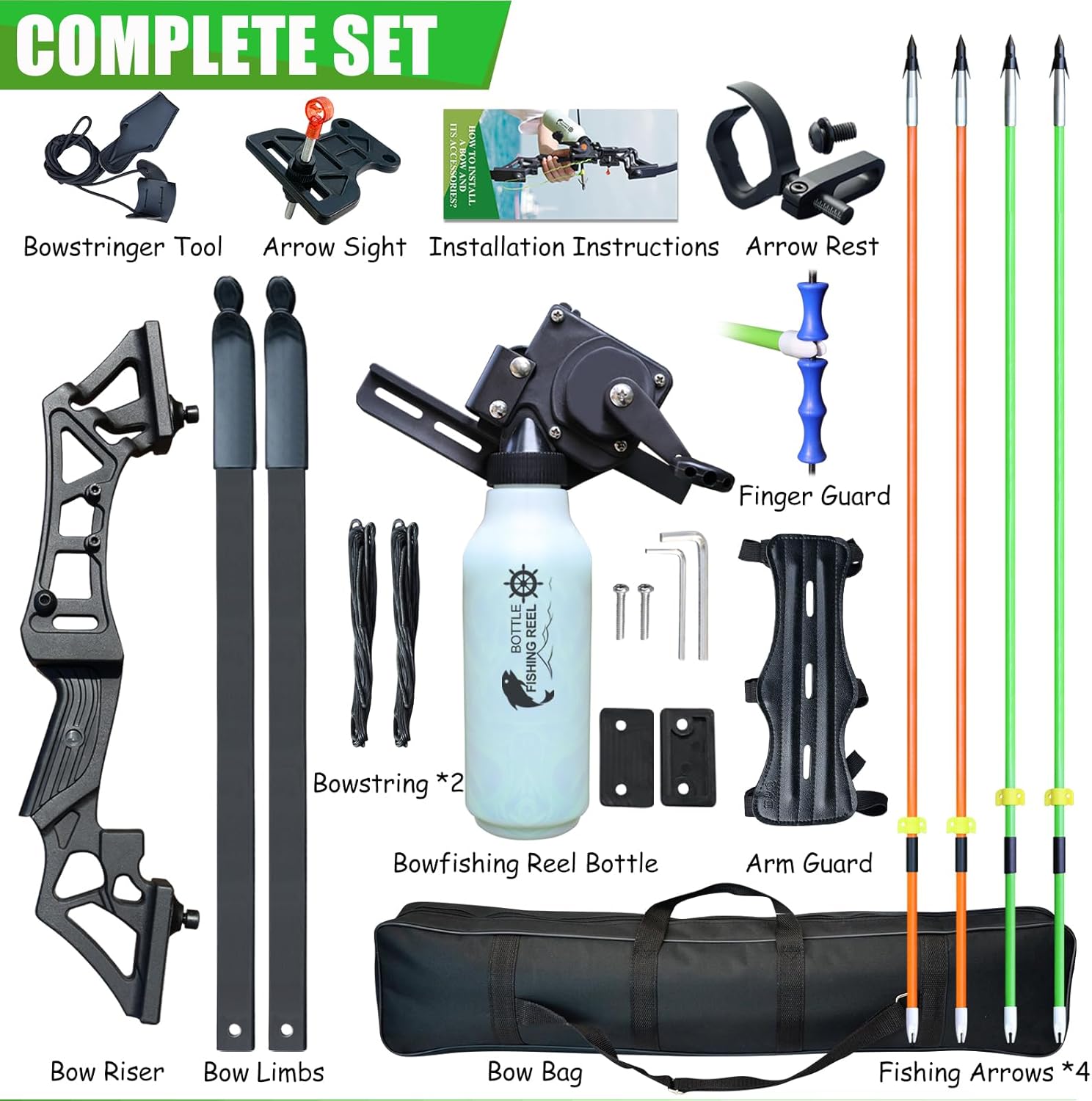 Recurve Bow Fishing Combo Kit Archery and Arrow Set for Adults Beginner with 40 Meters Bowfishing Reel Bottle Portable Bow Bag