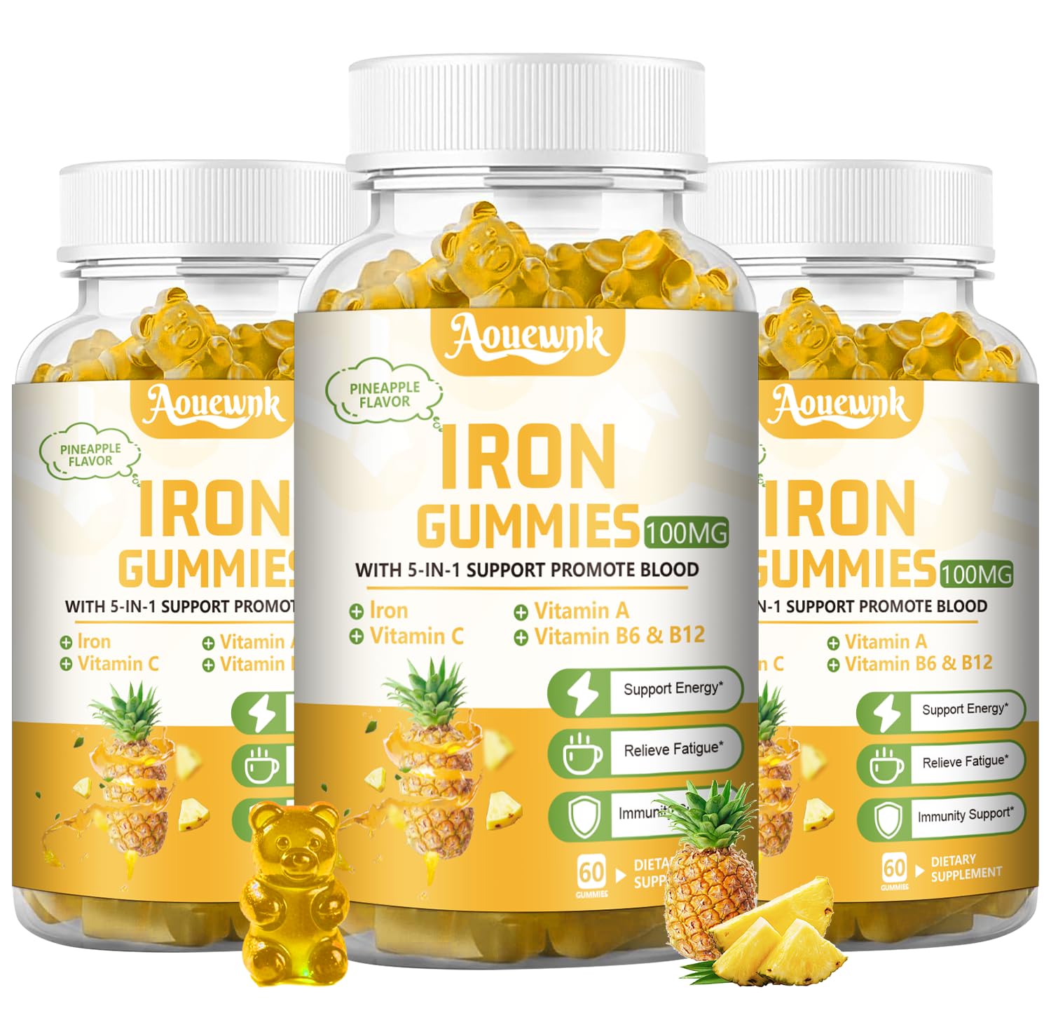 3 Packs 100MG Iron Supplement Gummies for Women & Men 60 Count (Pack of 3)