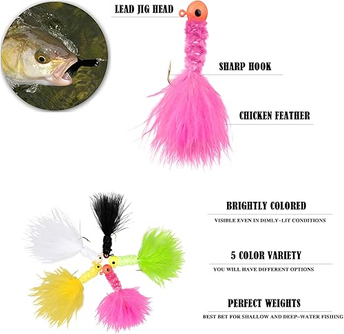 Miniatura 3 de Marabou Jigs - Juego de señuelos de pesca, 20 señuelos de plumas de marabú, cabezas de plantilla de cangrejo con ganchos para perca, pez panfish,