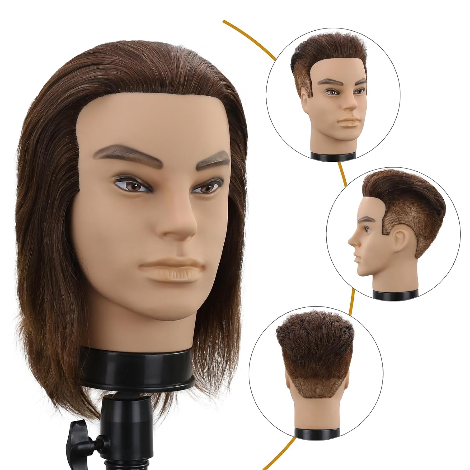 Male Mannequin Head Men Mannequin Head Human Hair Hairdresser Manikin Head Barber Mannequin Head Male Training Doll Head for Hair Styling and Practice （Dark Brown)