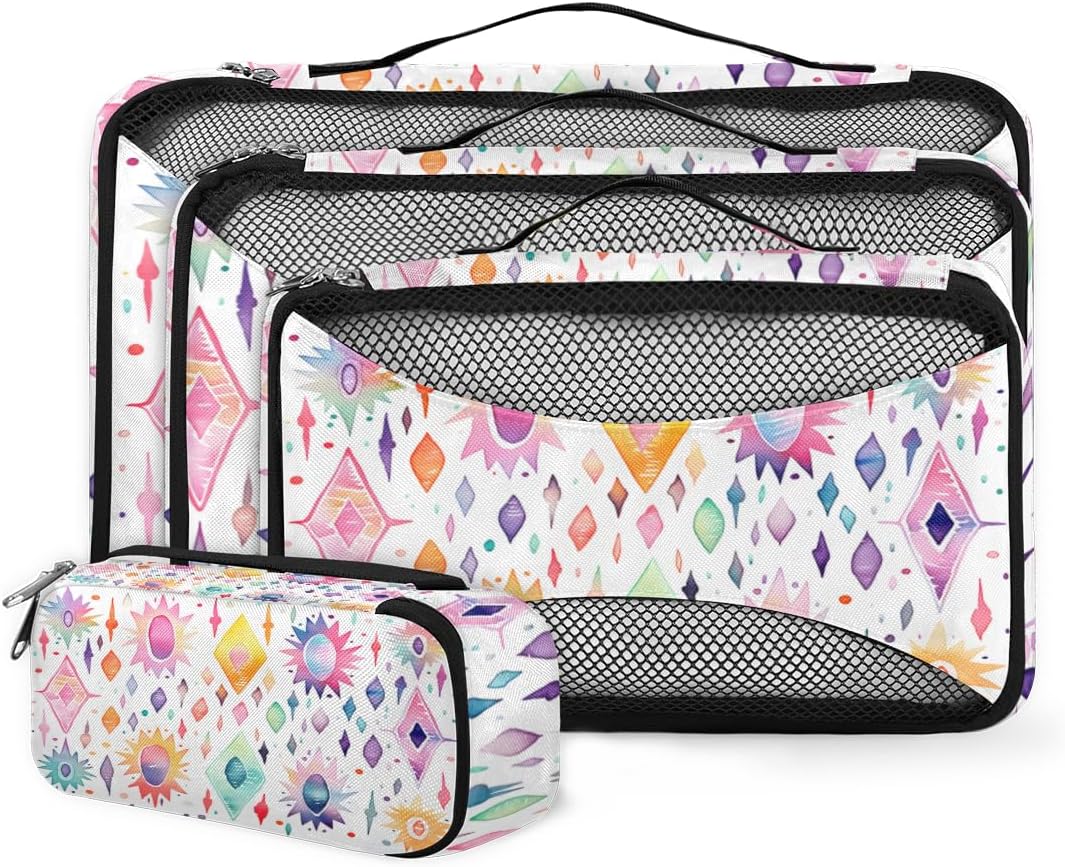 4 Set Packing Cubes for Suitcases, Travel Essentials for Carry on Luggage, Colorful Aztec Suitcase Organizers for Clothes Shoes Toiletries Travel Accessories in 4 Sizes - Watercolor Powder