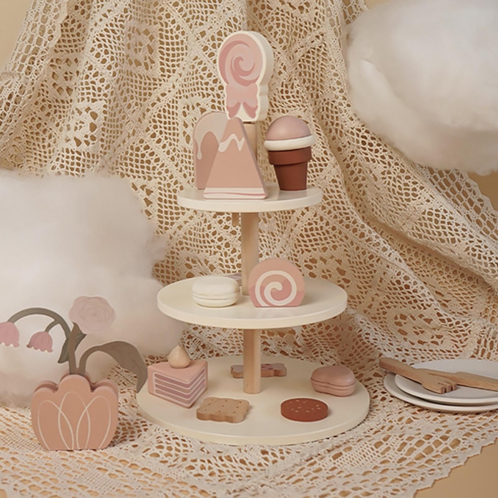 Set da tè per Bambine Cucina Giocattolo Accessori Legno Simulato Pasticceria Mini Dolci Gioco Fantasia Stimolante Adatto a Regali Decorazione, Set di Gelati Giocattolo
