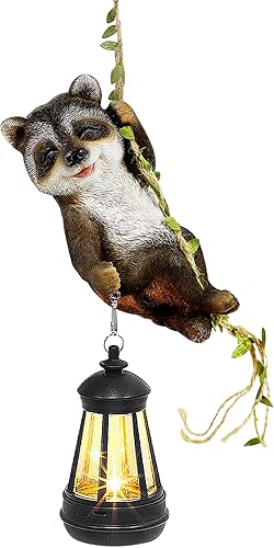 Miniatura 12 de Solar Lighted Garden Outdoor Statue, 20.1" H Hanging Swing Lying with A Sleeping Raccoon and A LED Lantern, Resin Animal Figurine Hanging Ornaments