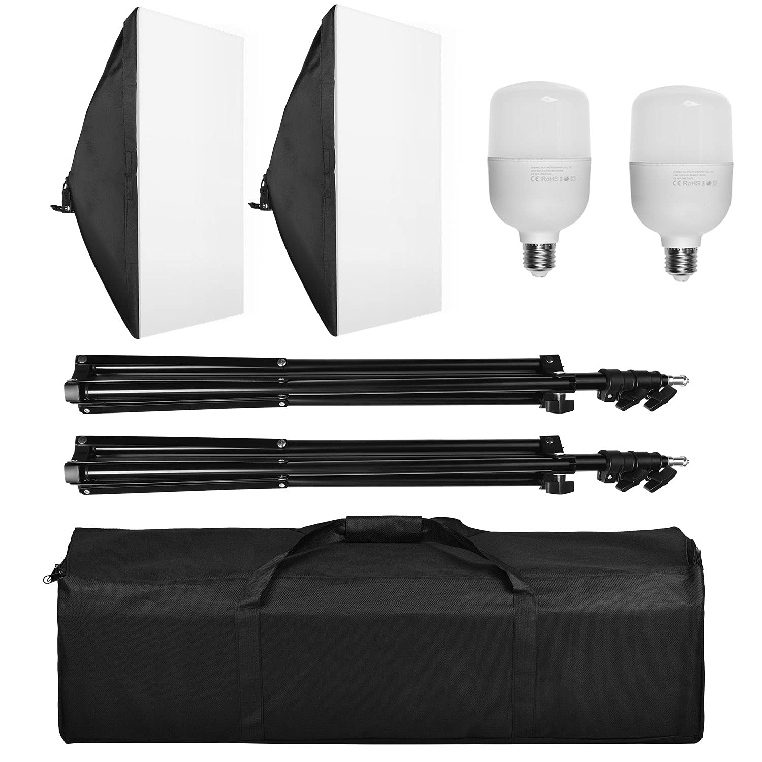 50W 5500K Softbox kit d'éclairage continu pour Studio Photo, Boîte à lumière 50x70cm Soft Box,2X 25W LED Ampoule,2M Adjustable Light Stand with Carry Bag