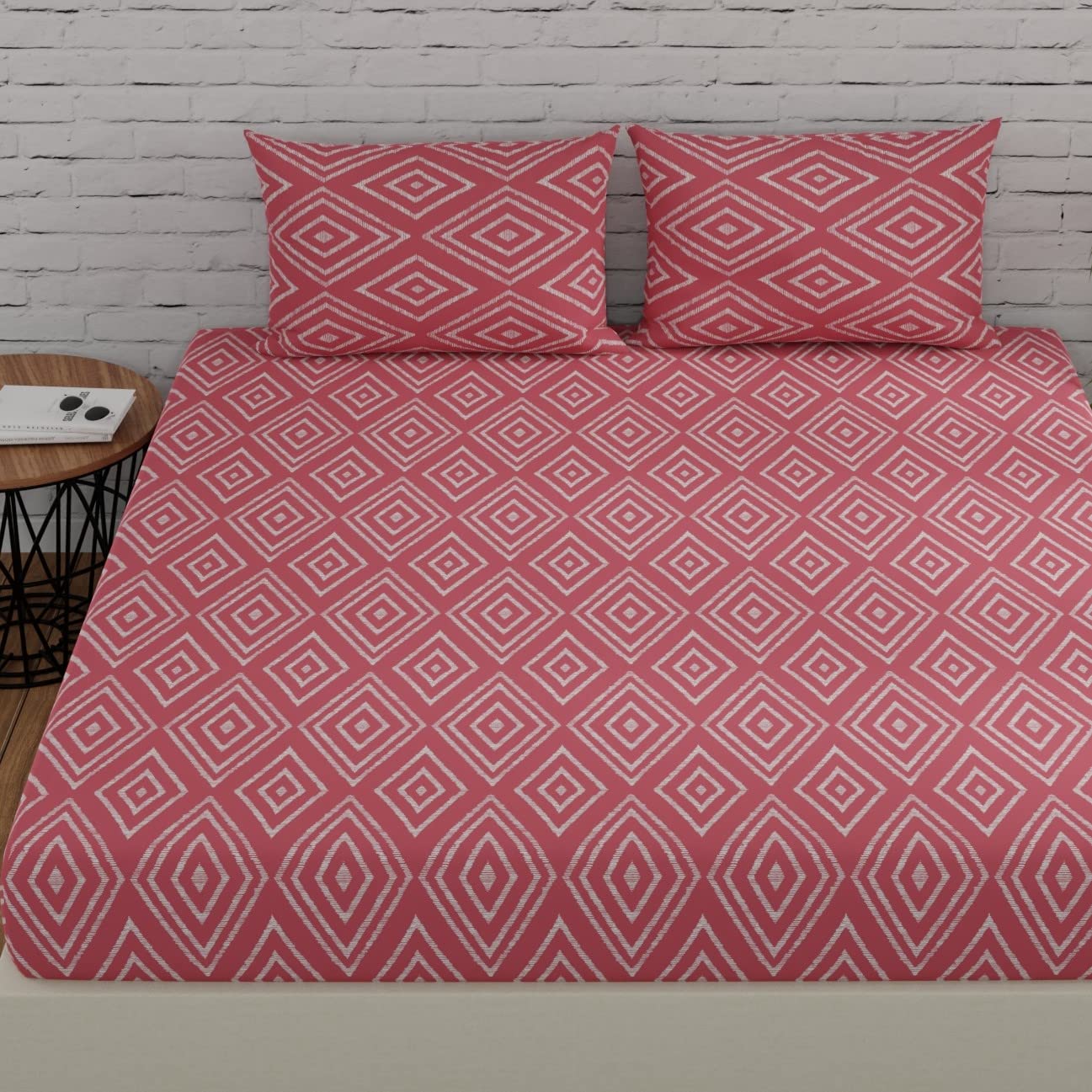 HUESLAND by Ahmedabad Cotton 144 TC Cotton Fitted Bedsheets King Size with 2 Pillow Covers | 6ft x 6.5ft | Peach Pink