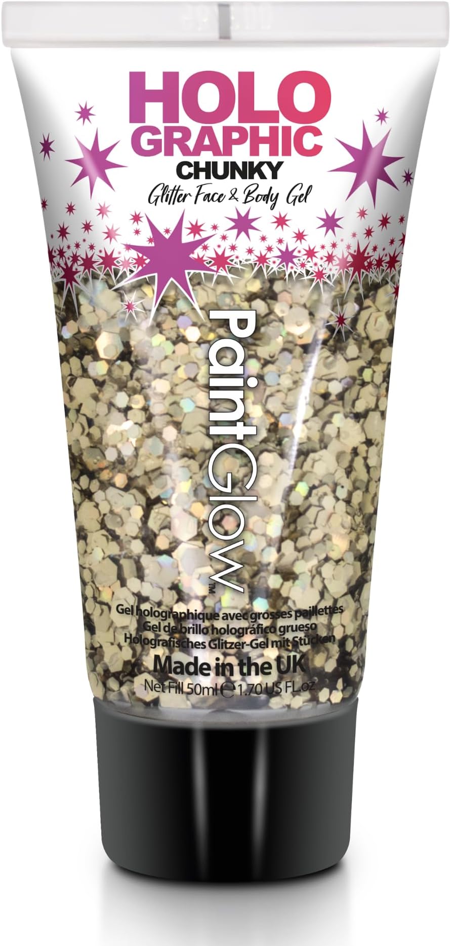 Chunky Cosmetic Glitter gels 50ml for face, Body & Hair from PaintGlow (Vegan) (Golden Girl)