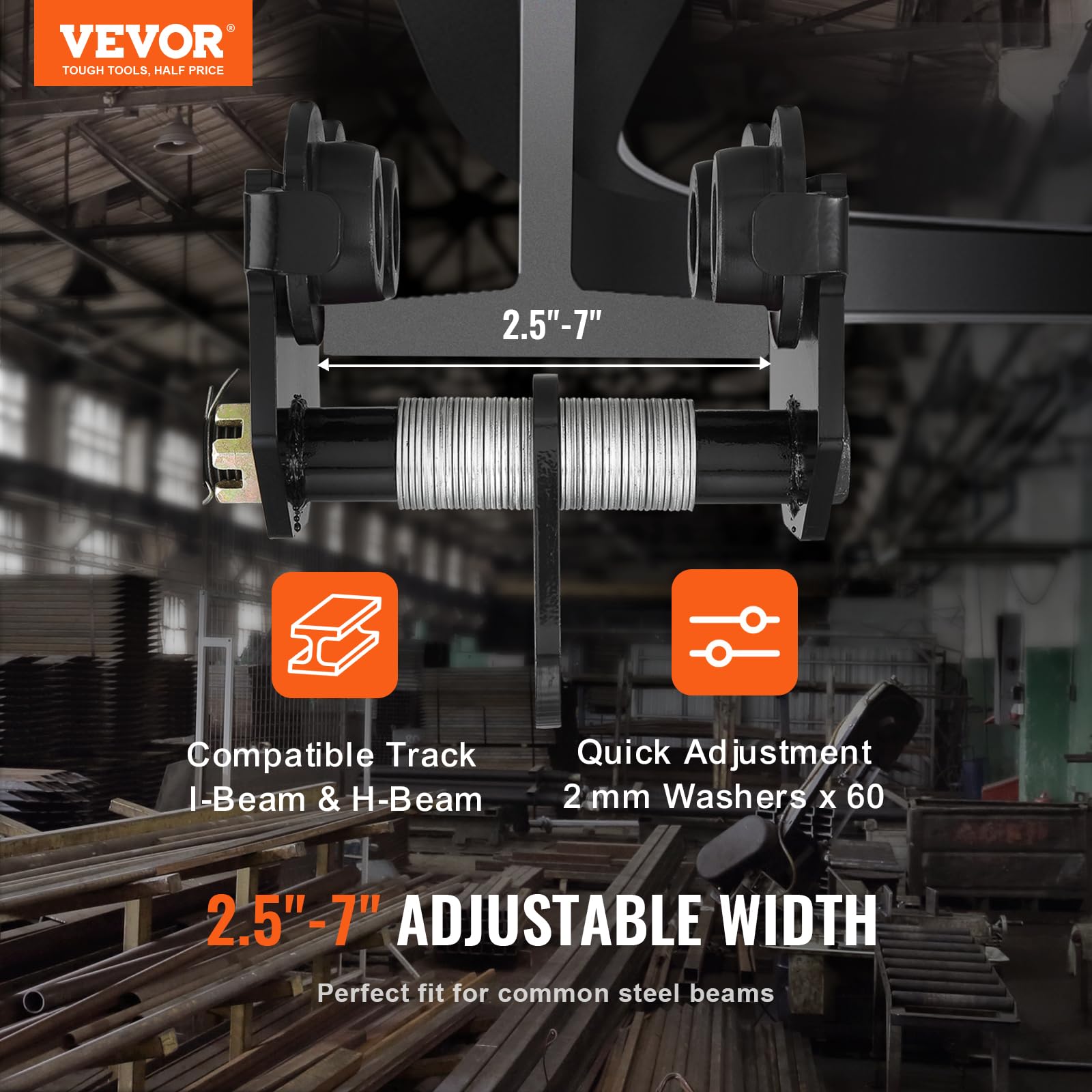VEVOR Laufkatze 1Tonnen Tragfähigkeit Hallenkran 63,5-177,8mm Einstellbare Breite Kran 55x220x240mm Rollfahrwerk Doppelrad-Design Handfahrwerk für I- und H-Trägern Hallenkran Ladekran