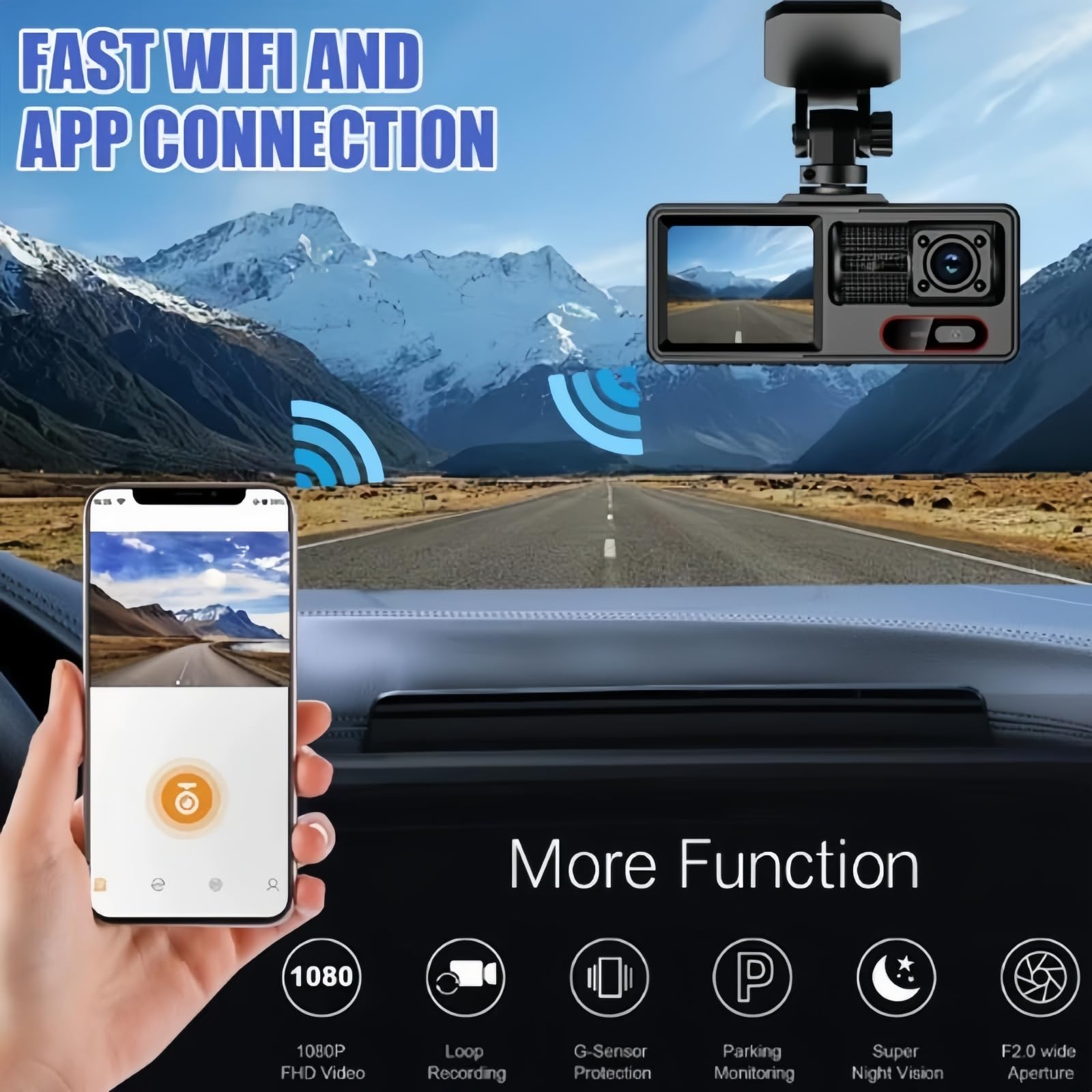 Kamera samochodowa 3-kanałowa, FHD 1080P z potrójnym obiektywem, kamera samochodowa z WiFi, nagrywanie przednie i tylne w trzech trybac, monitorowanie parkowania, z tylną kamerą