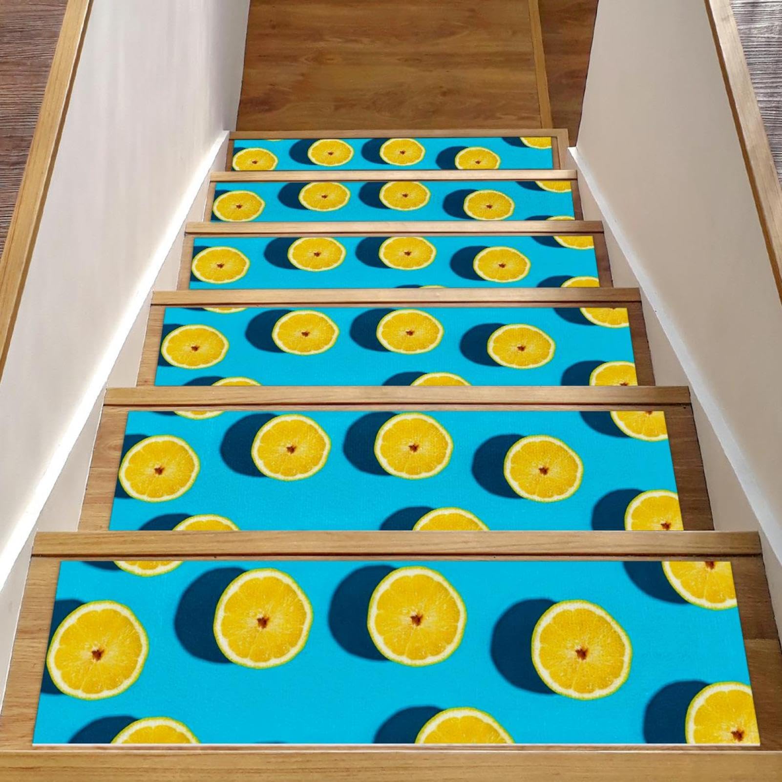 Alfombras para peldaños de madera Blue Fruit Lemon para un hogar seguro y silencioso en interiores