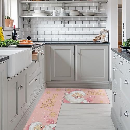 Miniatura 2 de Juego de 2 alfombras y tapetes de cocina de Navidad de Papá Noel, color rosa, dorado, blanco, copo de nieve, tapete de baño antideslizante para