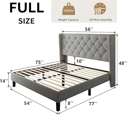Miniatura 2 de iPormis Base de cama de plataforma de tamaño completo con cabecera capitoné con botones, marco de cama tapizado con listones de madera maciza, Gris