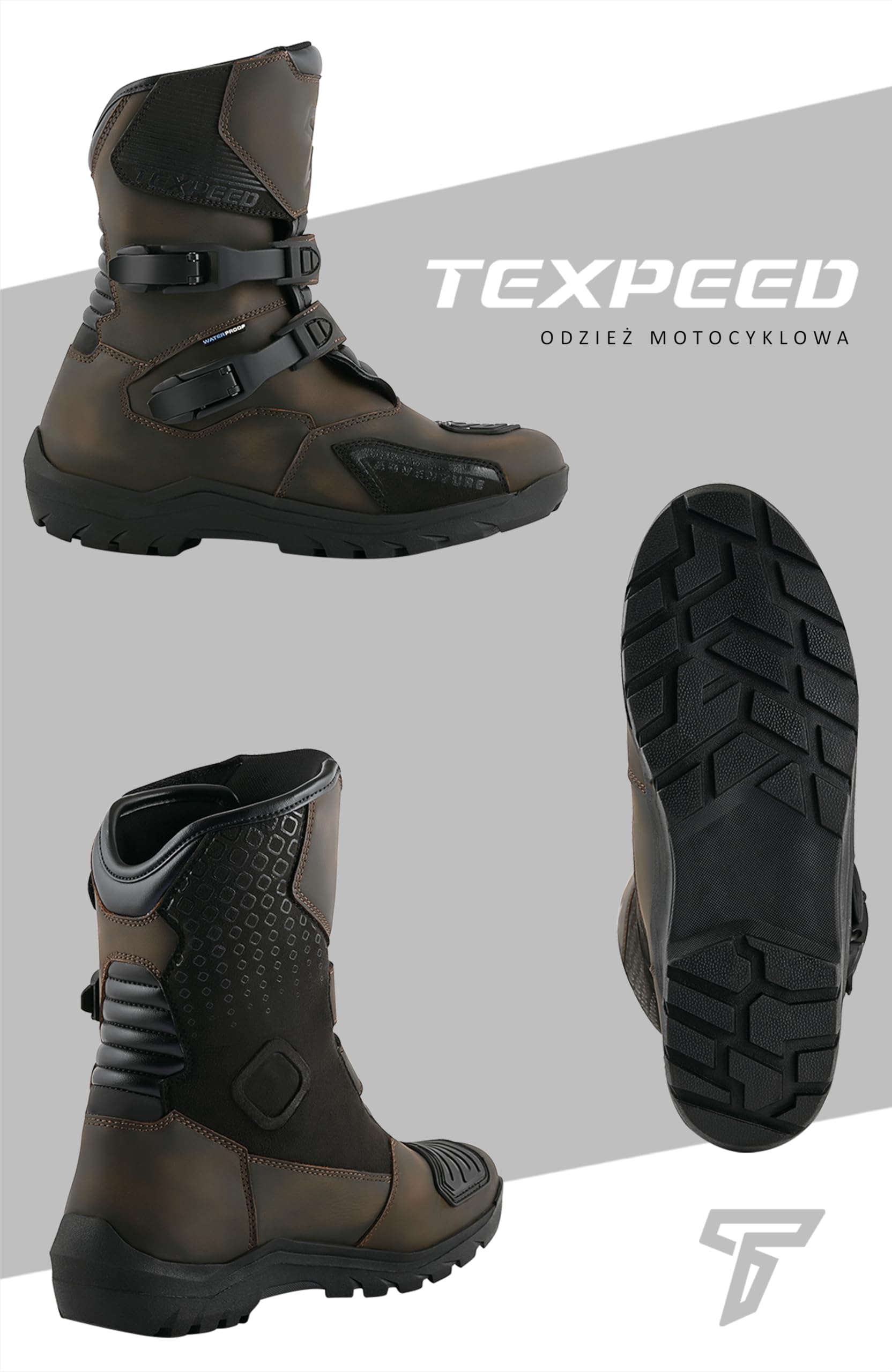 Texpeed – Skórzane buty motocyklowe męskie – Vintage Pirates, 100% wodoodporne, krótka cholewka, buty motocyklowe turystyczne – Brązowe - EU 40