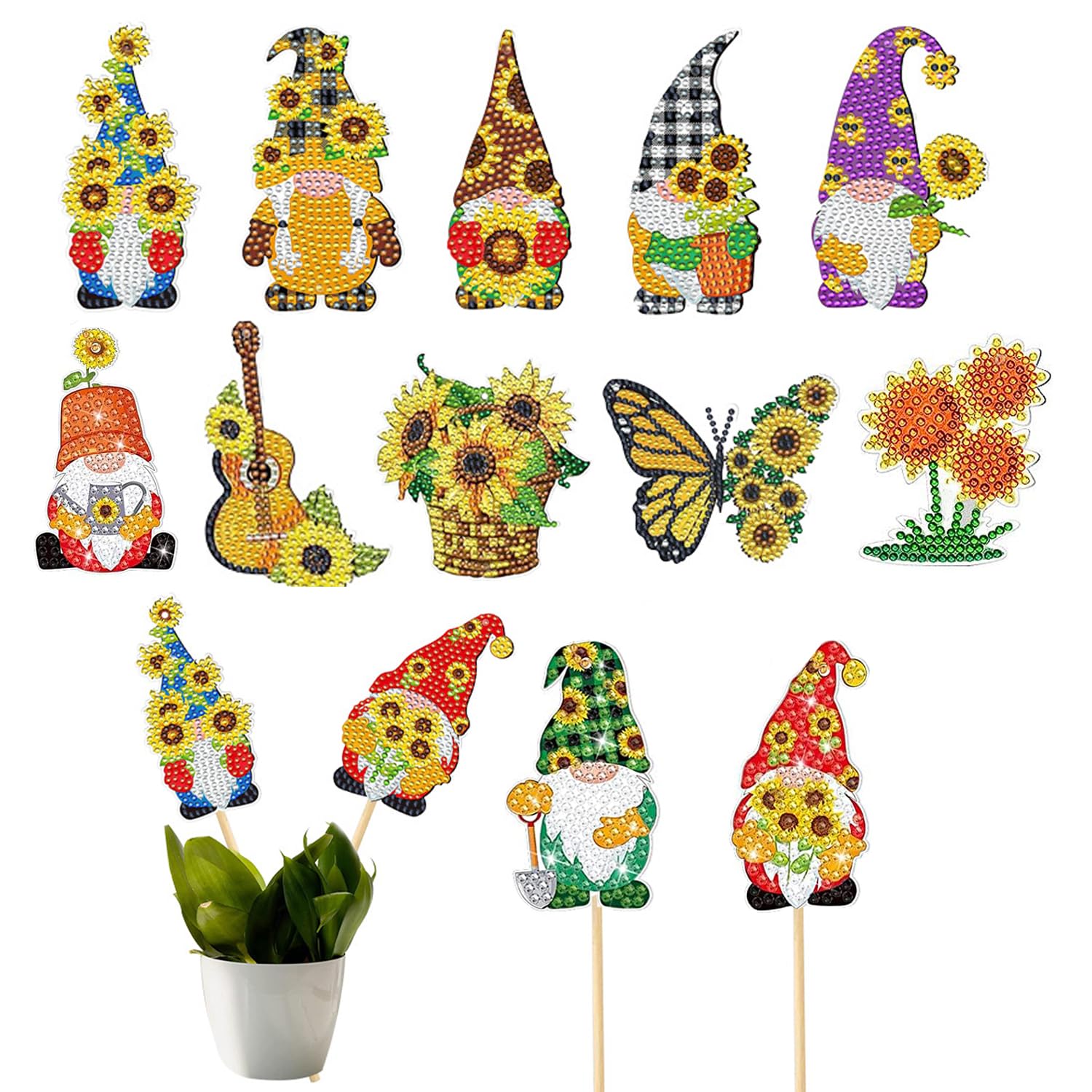 Anprola 12 kits de arte de pintura de diamantes 5D para decoración de jardín, estacas de gnomo de girasol, taladro de diamante, pintura por número, adorno artesanal para principiantes, niños y adultos
