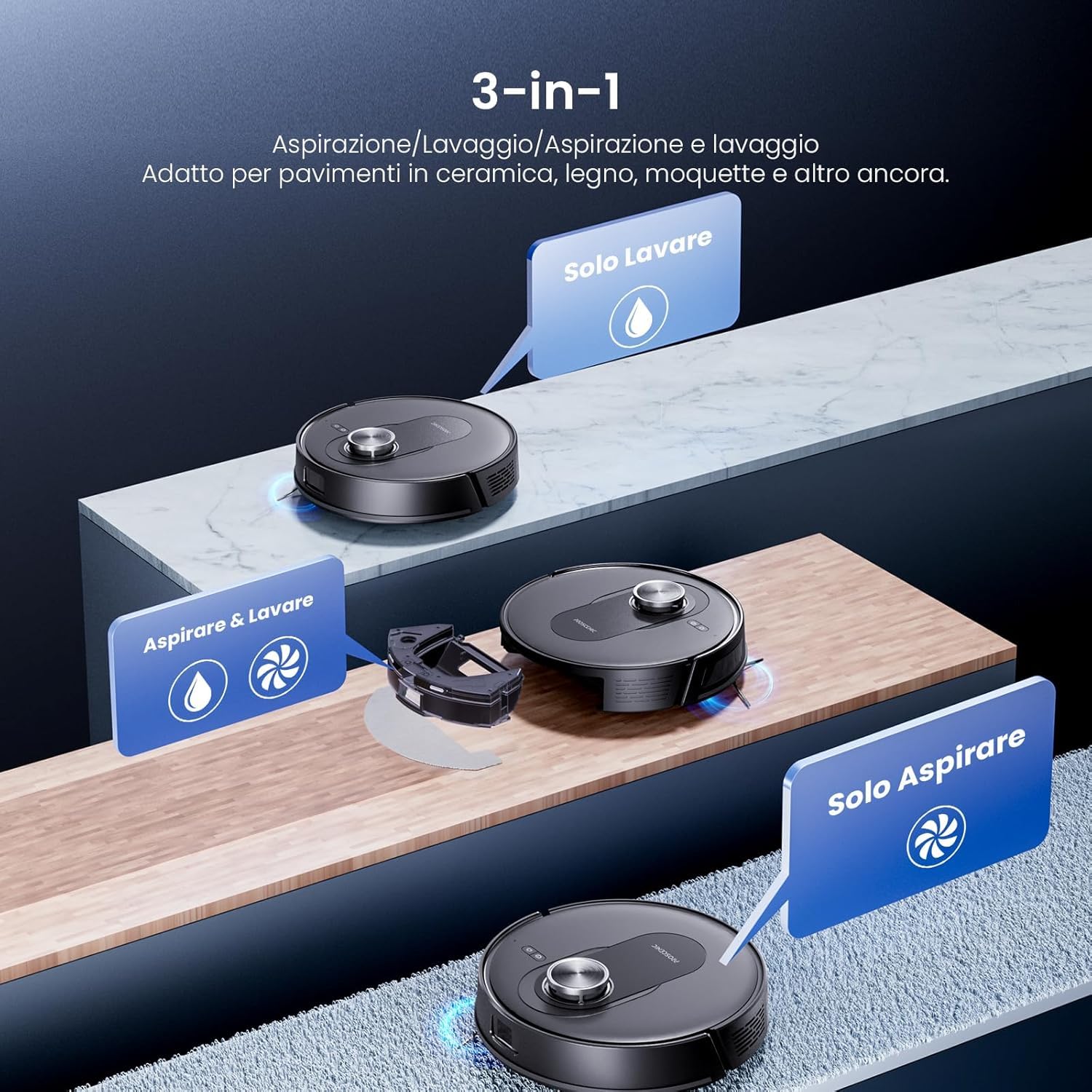 Proscenic Q8 Max+ Robot Aspirapolvere Lavapavimenti con Mappatura 8000Pa, 200 min, Evitamento Automatico Degli Ostacoli, Robot aspirapolvere con WiFi/Alexa/App, per Tappeti/Pavimenti/Peli