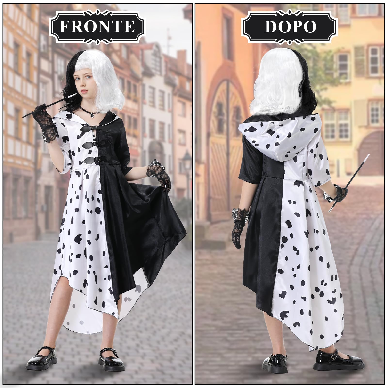 IEEILULU Cruella Costume Bambina, Vestito Crudelia Demon Donna, Costume da Crudelia Deville per Ragazze, Buono per il Ragazze Cosplay di Halloween - il Carnevale del Male