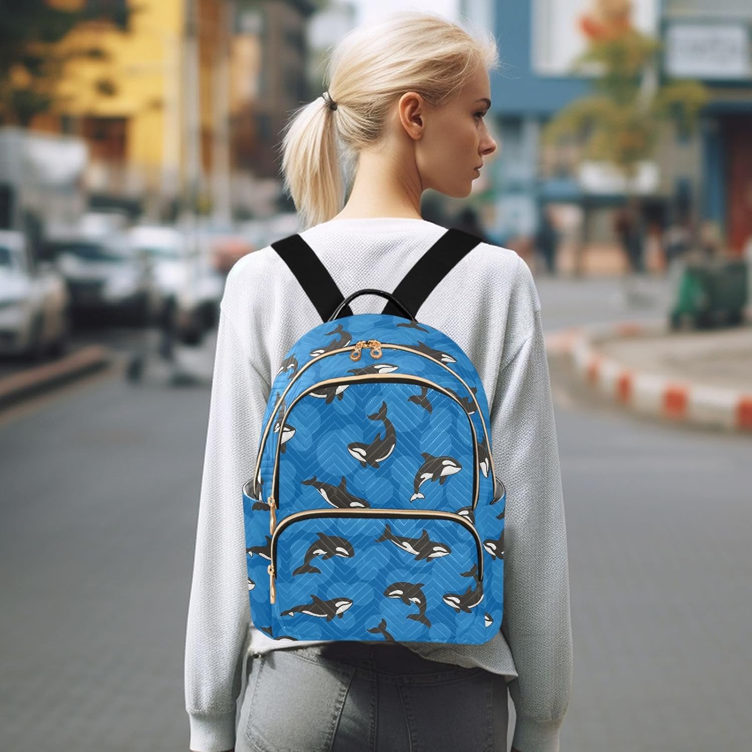 ALAZA Mini Backpack Purse for Women Lightweight Girls Small Size Orca Whale Blue School Teens College Traveling