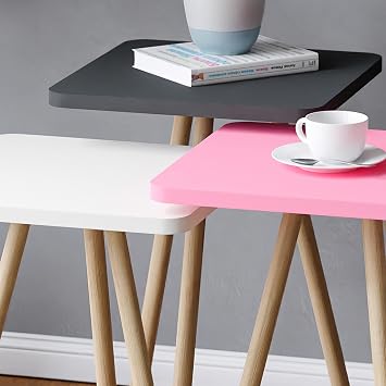 interGO-Renkli Üçlü Zigon Sehpa Ahşap Ayaklı Kare Pastel Tasarım (Pembe,Beyaz,Gri)