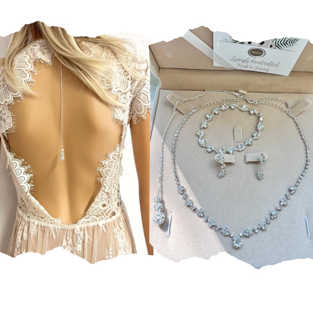 Brautschmuck Set Silber, Halskette 38-48cm, Rückenkette 23cm, Armband 18,5cm, Ohrringe 2,5cm mit Strass