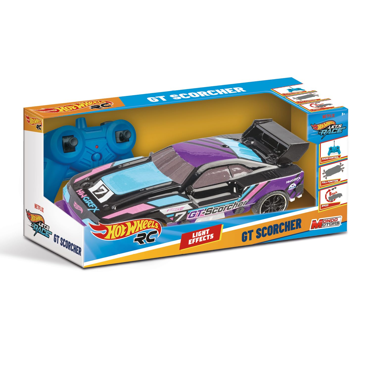Voiture Télécommandée Hot Wheels GT Scorcher 1:24 – Jusqu'à 8 Km/h, LED, Violet Et Bleu