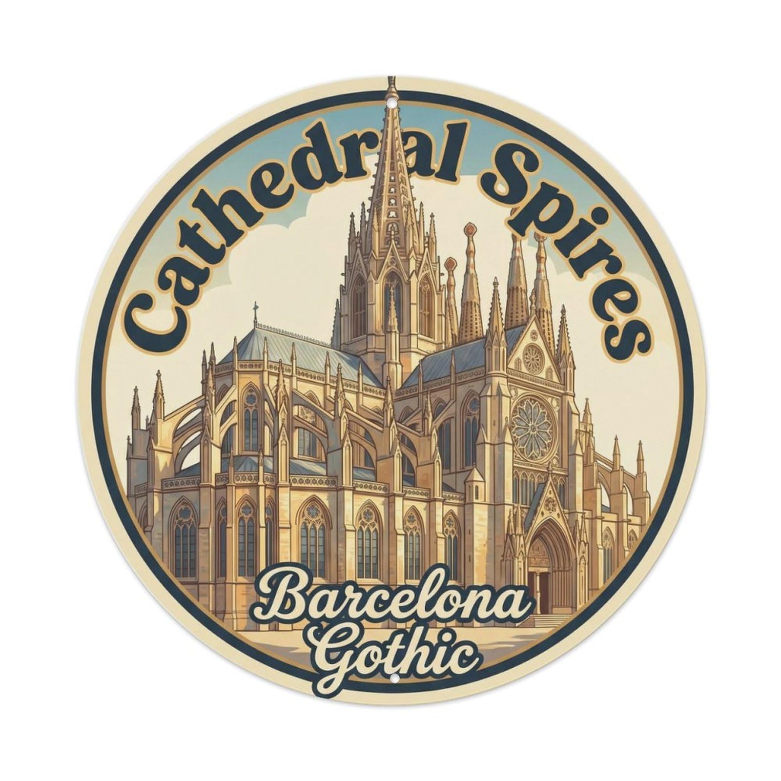 Vintage Barcelona Spire Catalan Cathedral Spanish Culture Metal Tin Sign Plaque Wall Decor for Cafe, Man Cave, Club Bar, Office, Home Garden Round Metal Poster 8x8Inch