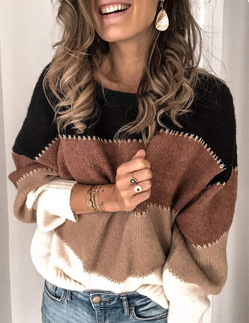 heekpek Maglione Donna Invernale Color Block Maglione di Punto per Donna Knitted Sweater Oversize Casual Pullover Top Lavorato a Maglia per Autunno Invernali Primavera