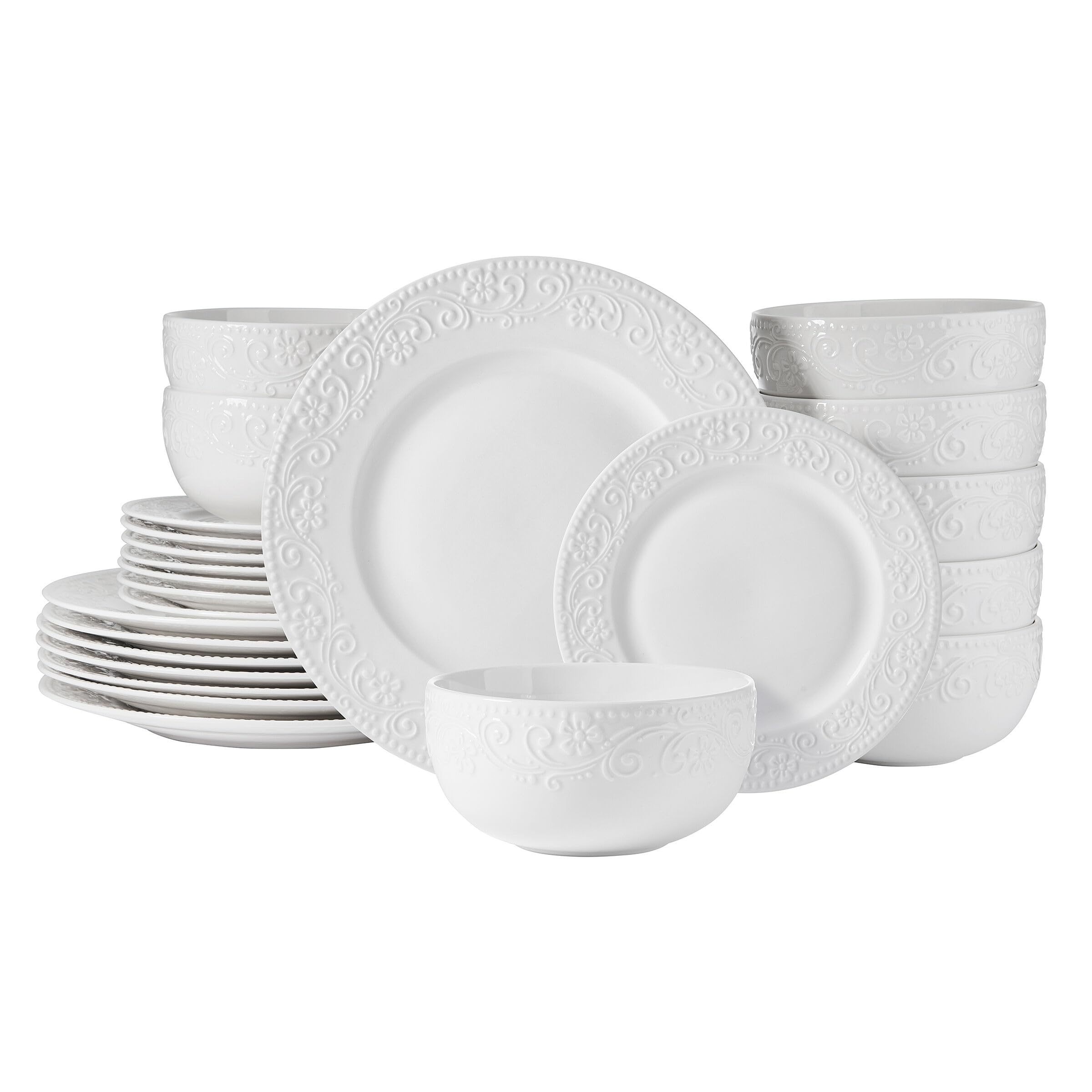 Charm 24 Piece Dinnerware Set, White Porcelain Plates, Bowls