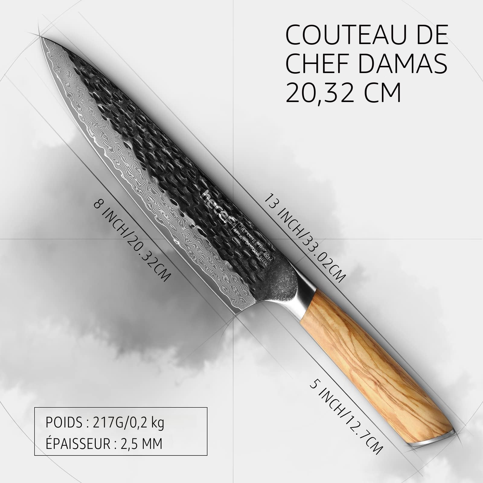 hecef Couteau de Cuisine Damas 20 cm avec Manche en Bois d'Olivier | Couteau japonais professionnel en acier Damas 67 couches, idéal comme couteau chef pour viande, légumes et cuisine maison