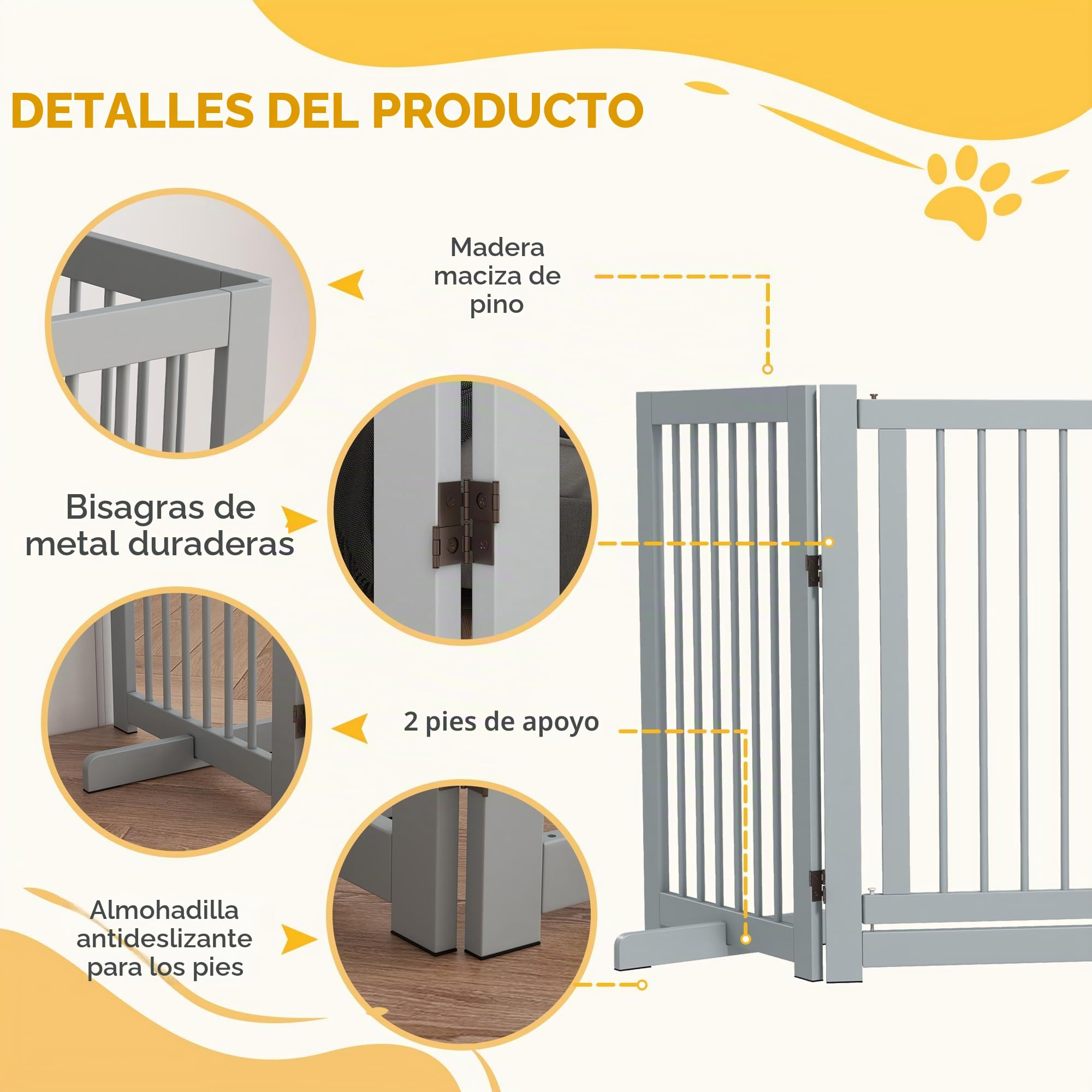 PawHut Barrera para Perros de 4 Piezas, 220 x 91 cm Puerta de Seguridad Plegable con Puerta, Puerta para Perros Independiente con 2 Patas de Apoyo, Puerta de Madera para Pasillo, Cocina, escaleras,