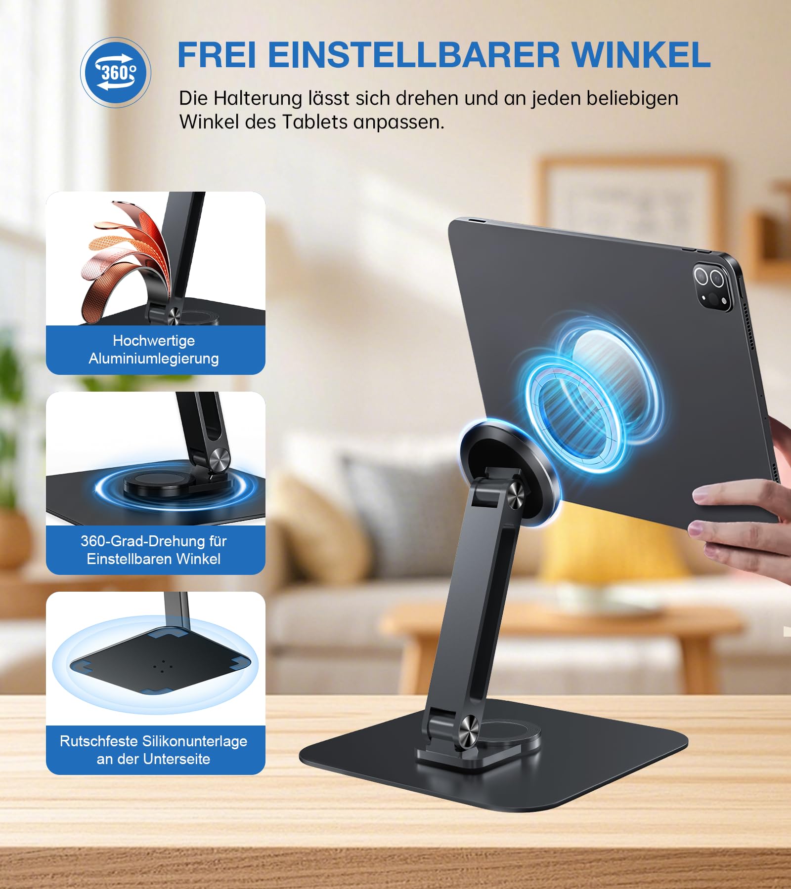 Supporto magnetico per tablet con base forte, supporto regolabile per iPhone 16/15/14/13/12, iPad, Android, pieghevole multiangolo