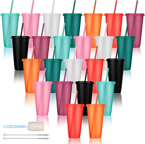 Vista 39 de Paquete de 24 vasos de plástico con tapas y popote, vasos reutilizables con tapas y pajillas, vasos coloridos para bebidas frías, café helado, vasos