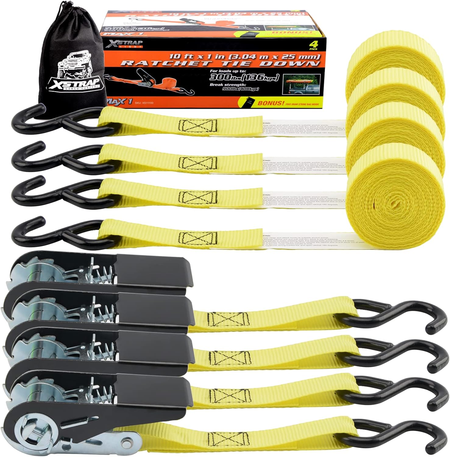 XSTRAP STANDARD Ratchet Tie Down Straps - 4 Pk - 10 Ft- 300 Lbs Load Cap- 900 Lbs Break Strength-Cargo Straps for Moving Appliances, Lawn Equipment, Motorcycle (Yellow) : Tools & Home Improvement