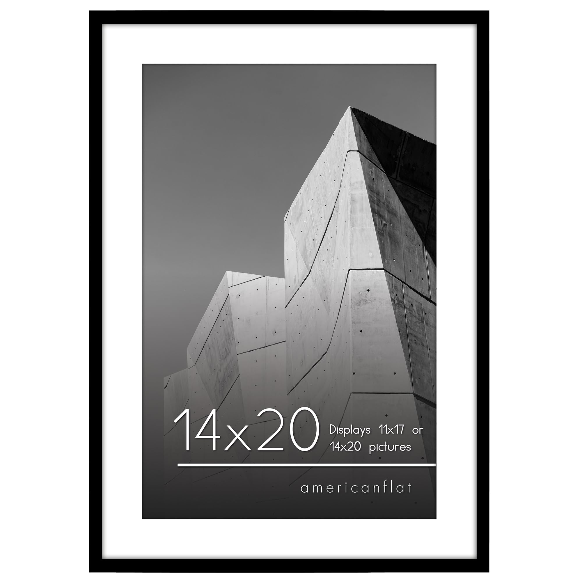 Americanflat 14x20 Picture Frame with Polished Plexiglass - Use as 11x17 Frame with Mat or 14x20 Frame Without Mat - Streamline Collection - Thin Photo Frame for Wall Display - Black