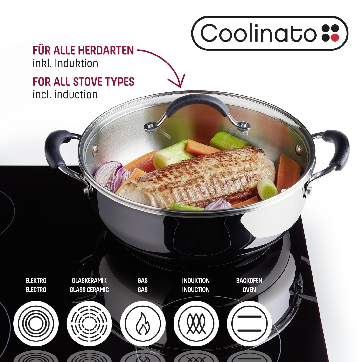 Coolinato - Edelstahl Schmortopf 24 cm mit Silikongriffen & Glasdeckel – Schmorpfanne mit 3,8 l Volumen – Für alle Herdarten, Induktionsgeeignet & backofenfest– 2 Lagen Sandwichboden mit Alu-Kern