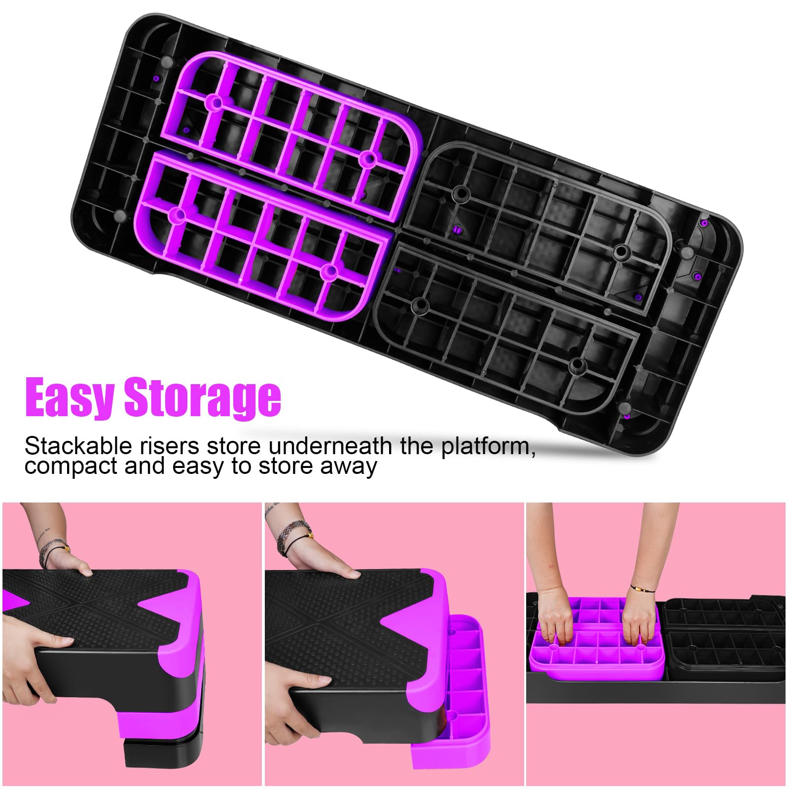 Fitness-Trittbrett, Aerobic-Stepper, 27-Zoll-Trittplatte, verstellbare Höhe (10 CM / 4 Zoll, 15 CM / 6 Zoll, 20CM / 8 Zoll), praktisch zu verstauen, Violett (LILA)