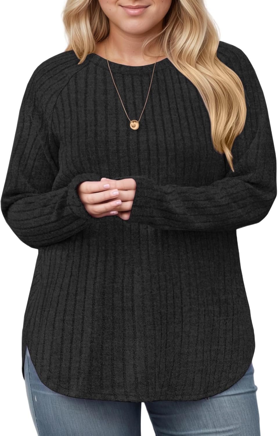 ROSRISS Plus-Size Sweaters for Women Casual Oversized Long Sleeve Crewneck Tops Trendy Dressy Basic Ribbed Knit Shirts XL-5XL