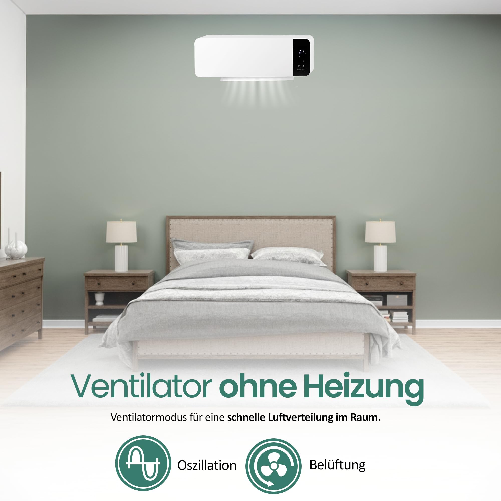 EMERIO Termoventilatore da parete, 2000 W, timer regolabile per settimane, elemento riscaldante PTC (ceramica), 2 livelli di riscaldamento, termostato regolabile, finestra aperta, rilevazione