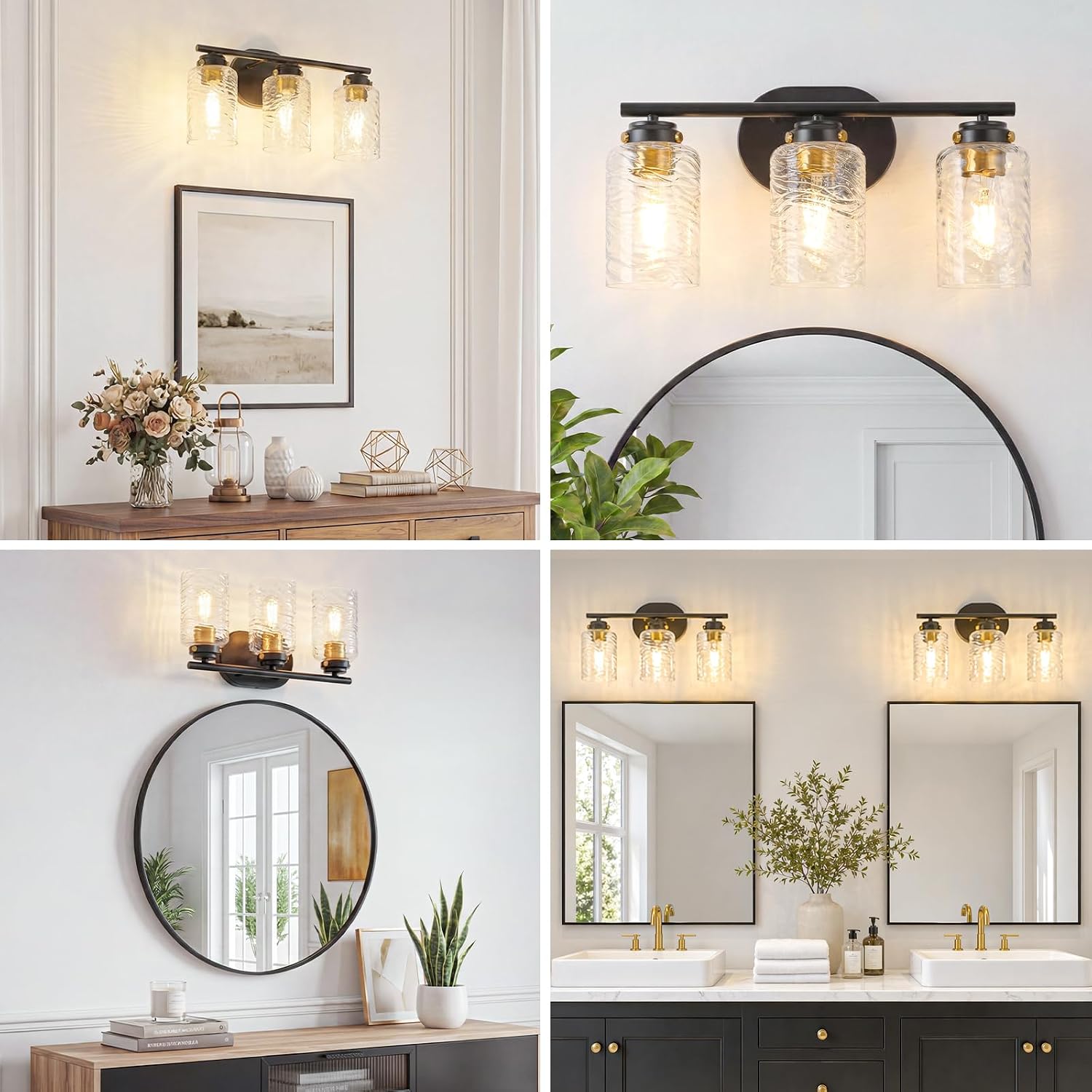 3-Light Bathroom Vanity Light Fixtures, 18 Inch Black Modern Vanity Lights with Thick Water Ripple Clear Glass Shade, Bathroom Wall Lamp for Mirror,Living Room, Hallway, Cabinet, Porch