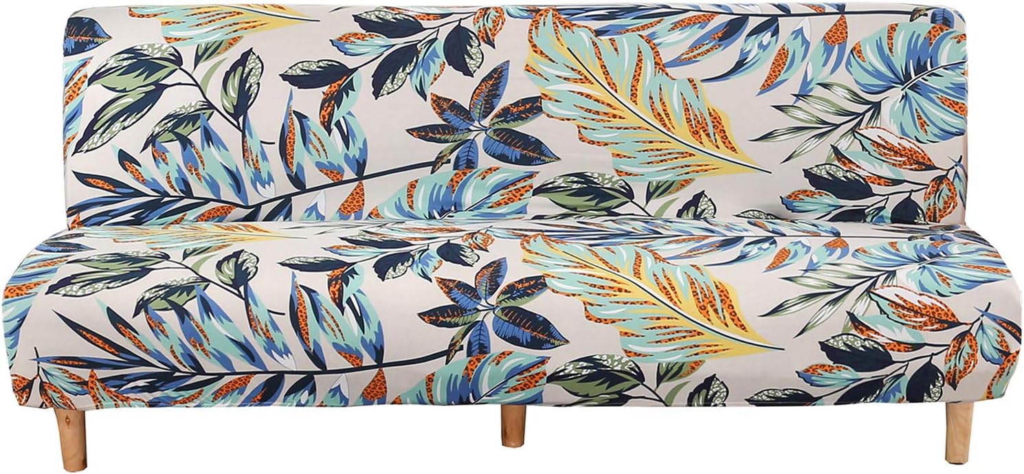 WOMACO Printed Futon Cover Stretch Sofa Bed Slipcovers Full Twin Queen Size Armless Couch Loveseat Protector Covers with Elastic Bottom for Living Room Bedroom Furniture (Rain Leaves, 63"-75")