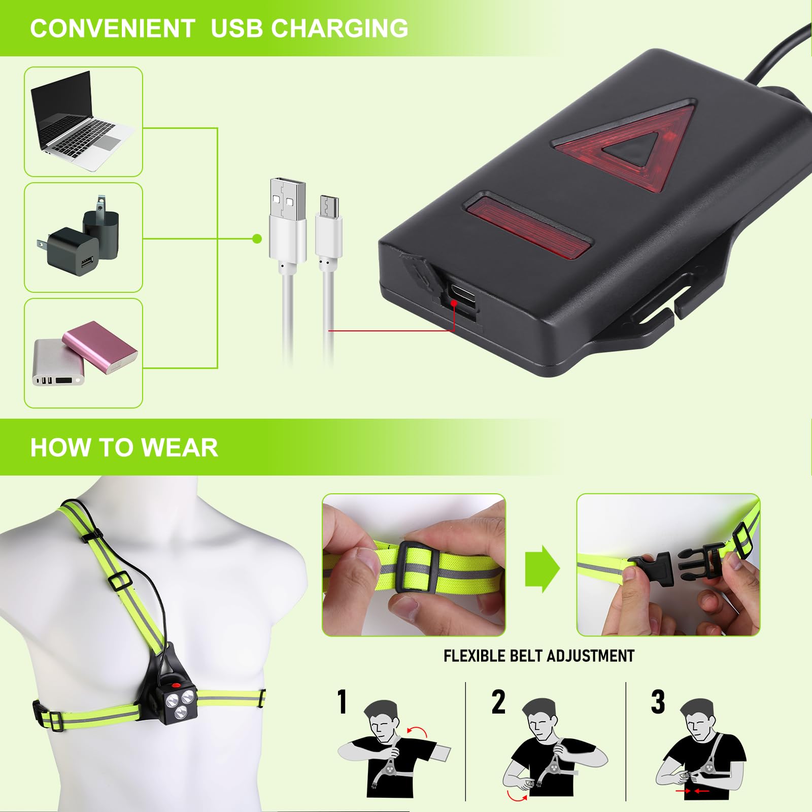 Nizirioo Luce da corsa con riflettori, lampada toracica ricaricabile USB, corsa con 3 modalità di luce, impermeabile, con luce posteriore rossa, per corsa, campeggio, escursionismo, jogging