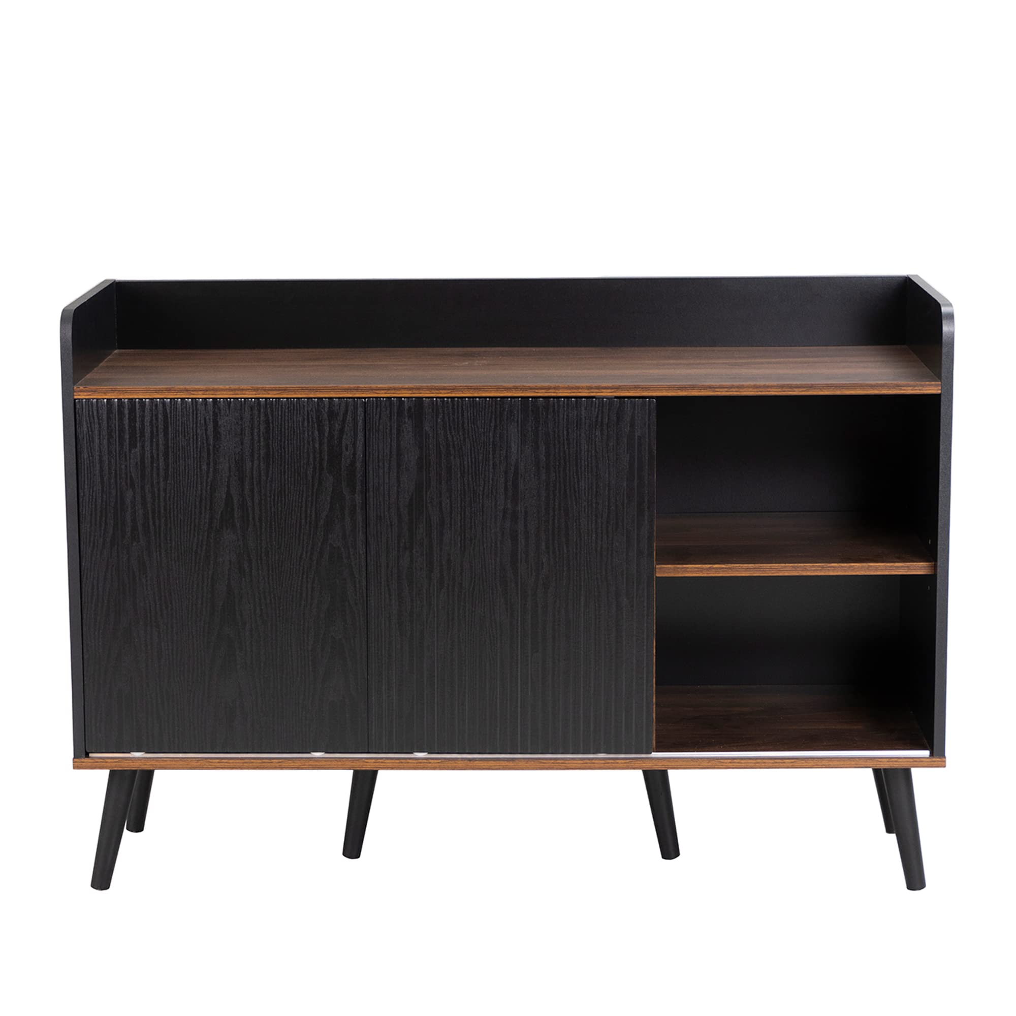 BTM Sideboard, 2 Gestreifte Schiebetüren & 3 Schubladen & Verstellbaren Regalen & Erhöhter Rand & 6 Massivholzbeine, Kommode Schrank Wohnzimmer Schlafzimmer Esszimmer Flur, 120 x40x80cm, Holz
