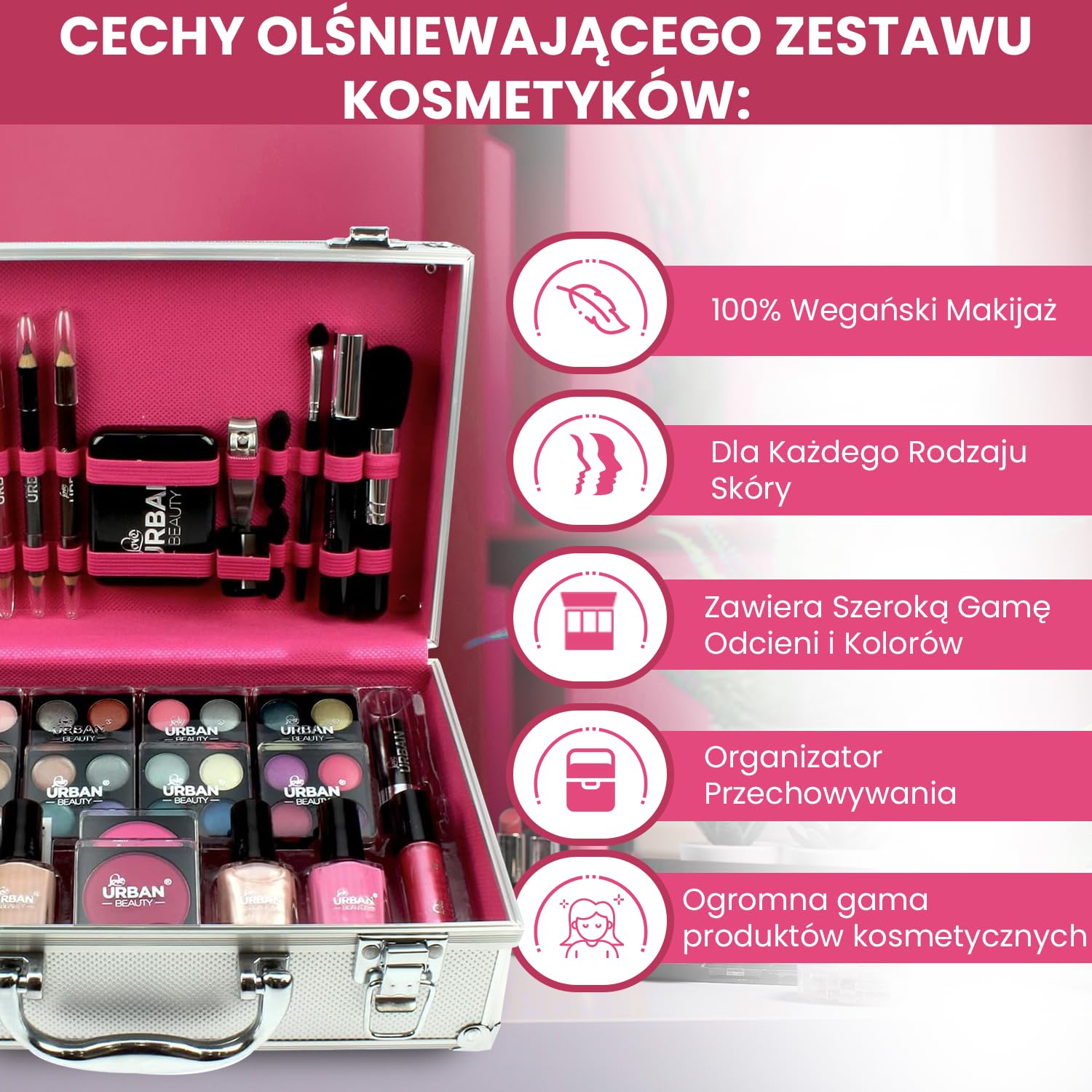 LOVE URBAN BEAUTY Wegańskie Olśniewające etui do makijażu – 60-częściowy zestaw do makijażu i paznokci dla nastolatków – Eleganckie srebrne pudełko – Kompaktowy i lekki design